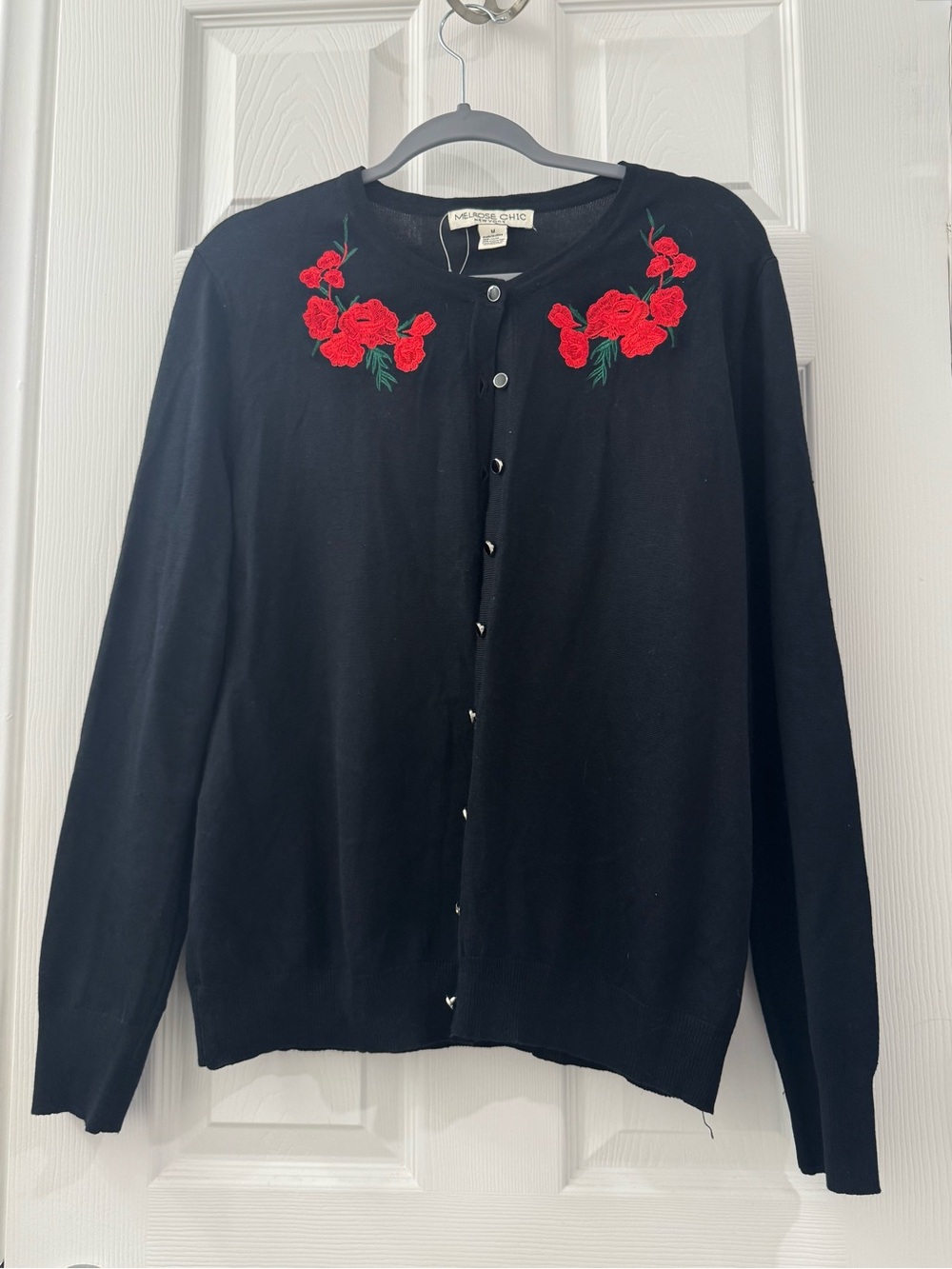 Melrose Chic NY Black Cardigan with Red Rose Embroidery Size M